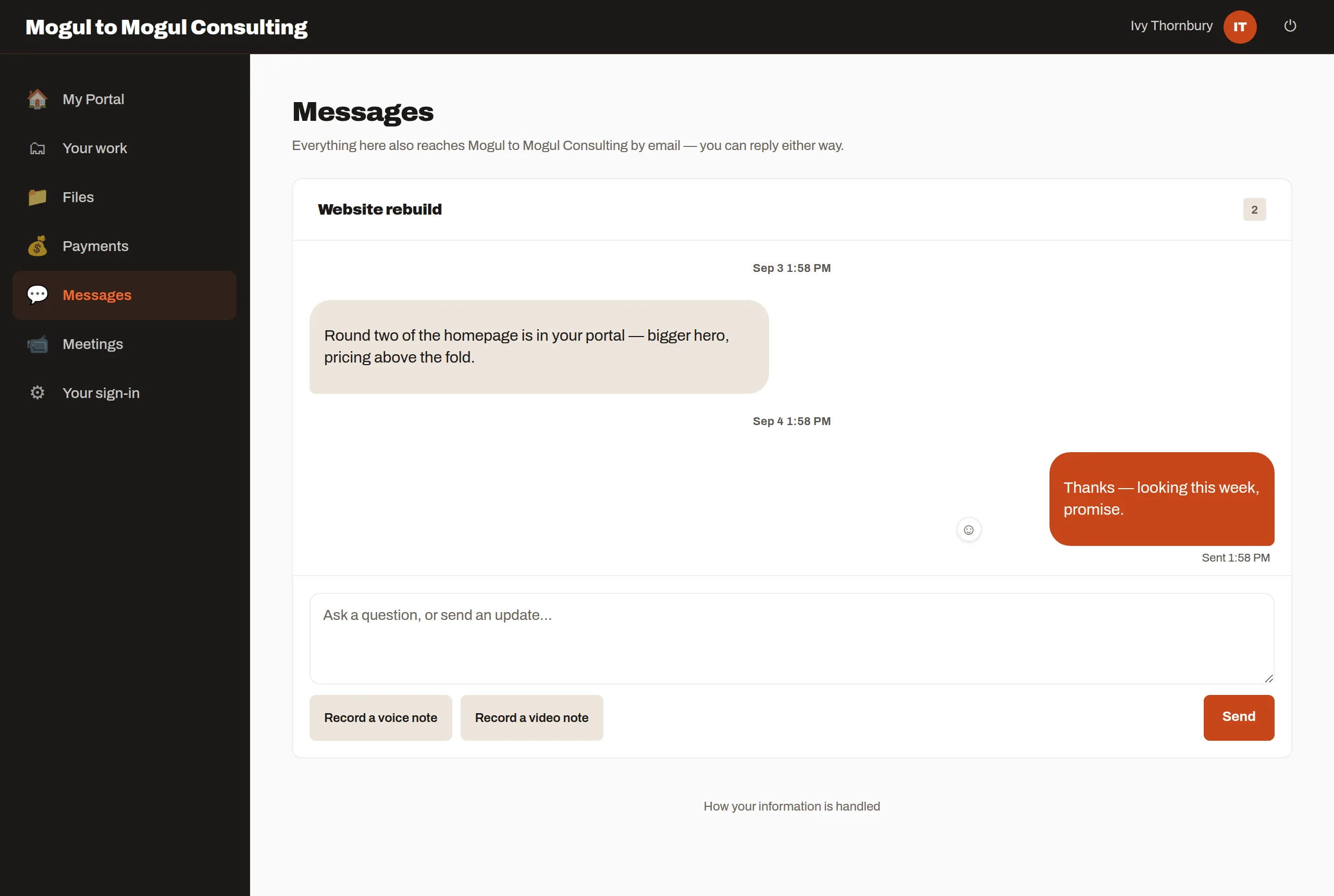 A message thread with both sides in bubbles, and buttons to record a voice note or a video note.